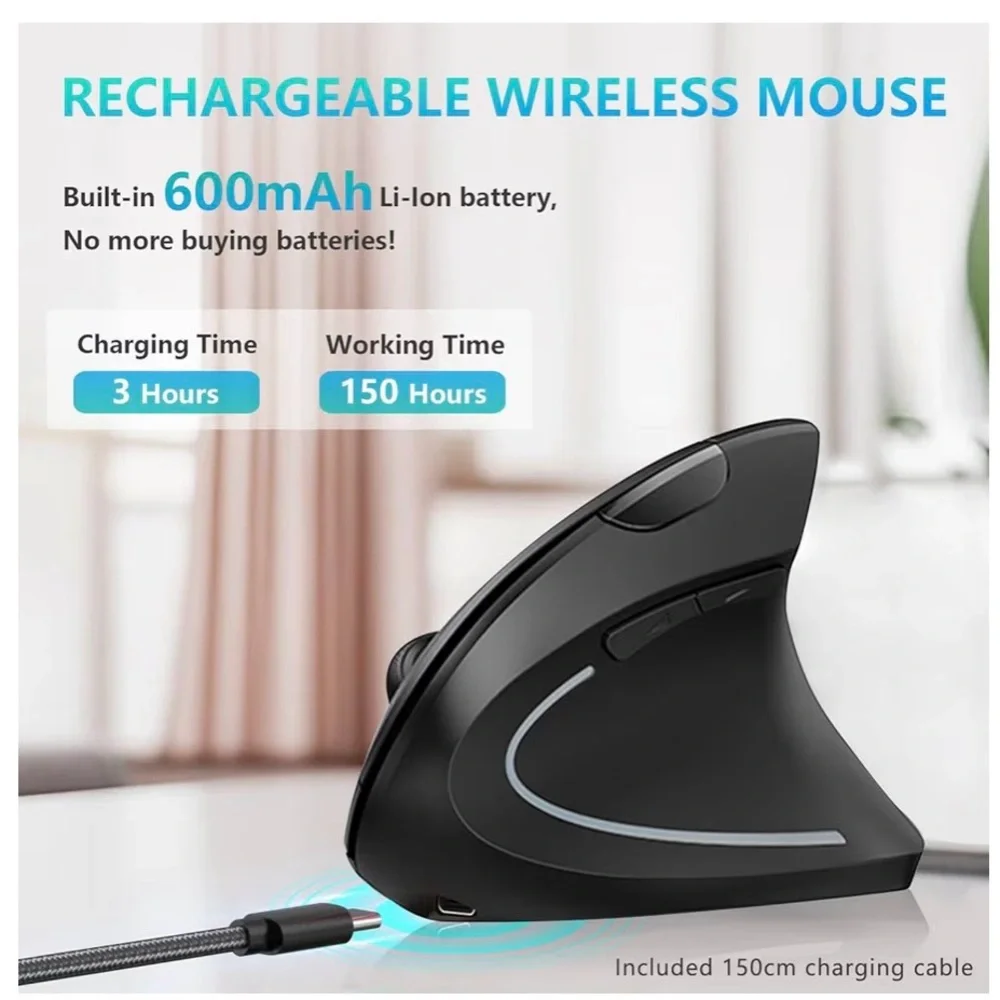 Levkey Vertical Black Ergonomic Rechargeable Wireless Mouse (A171)